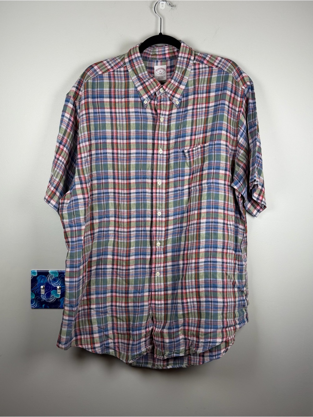 Brooks Brothers Button Down SS Shirt Mens Plaid Fall XL 100% Linen Preppy